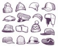 Sketch hats. Fashion mens caps design. Sports and knitted, baseball and trucker cap, seasonal headwear drawing vector Royalty Free Stock Photo