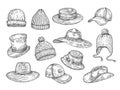 Sketch hats. Knitted winter and summer hats, hand drawn warm cap, doodle headdress accessories vector isolated set