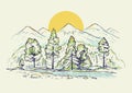 Sketch of a high mountain ranges with forest, river, sunrise or sunset. Landscape. Hand drawn color vector background Royalty Free Stock Photo