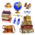 Sketch of hipster travel set: globe, bag, coffee, suitcases, glasses, snickers, hat, backpack. Vintage style. Hand