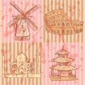 Sketch historic buildings, vector vintage background