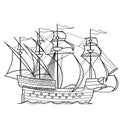 Sketch, historic ship with sails, coloring book, isolated object on white background, vector illustration