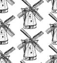 Sketch Holand windmill, vector seamless pattern