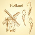 Sketch Holland windmill and tulip, vector background