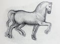 Sketch of horse, pencil drawing by Leonardo Da Vinci in a vintage book Leonard de Vinci, Eugene Muntz, 1899, Paris Royalty Free Stock Photo