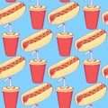 Sketch hotdog and soda in vintage style