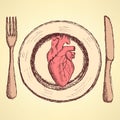 Sketch human heart on the plate in vintage style Royalty Free Stock Photo