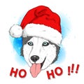 Sketch of husky dog in red Santa`s hat Royalty Free Stock Photo