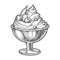 Sketch ice cream with cherry in sundae bowl cup