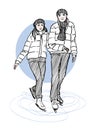 Sketch of iceskating couple on a ice rink. Hand drawn illustration Royalty Free Stock Photo