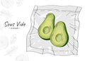 Sketch illustration of avocado halves in a vacuum bag