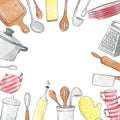 Sketch illustration cartoony kitchenware on white background