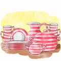 sketch illustration cartoony red and white striped set of crockery on a wooden kitchen table on a background of yellow wallpaper