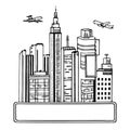 Sketch illustration of a city with skyscrapers, a modern city landscape with an airplane in the sky