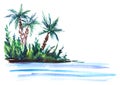 Sketch illustration of a green island with lush bushes and palm trees in blue sea waters. Hand-drawn watercolor illustration