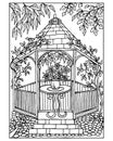 Sketch illustration, hand-drawn garden gazebo in wild roses and trees, table with flowers. Illustration for coloring books Royalty Free Stock Photo