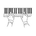 Sketch illustration of human hands playing the piano on a retro background. Musical creative . hands on the piano vector sketch