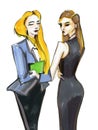 Sketch illustration with markers two women office workers fashion clothes for manager characters Royalty Free Stock Photo