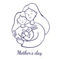 Sketch illustration for mothers day. Mom hugs her daughter, daughter holding a hare toy. Parent-child relationship