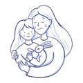 Sketch illustration for mothers day. Mom hugs her daughter, daughter holding a hare toy. Parent-child relationship