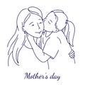 Sketch illustration for mothers day. Mom hugs her daughter, parent-child relationship. Monochrome vector sketch isolated