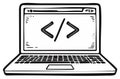 Sketch Illustration of Open Laptop Displaying Code Symbol for Software Development and Programming Royalty Free Stock Photo