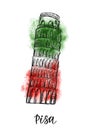 Sketch illustration of Pisa leaning tower on Italian flag color, for book cover or menu design template