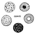 Sketch illustration set of different cookies. Line art hand drawn artwork. Design elements vector art