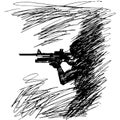 Sketch illustration the silhouette of a soldier in profile with a gun