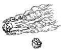 sketch illustration of a space meteorite. Falling meteorite with flames, cloud of smoke, iron meteor, The drawing is