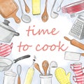 Sketch illustration: time to cook. Cartoony kitchenware on blue watercolor background