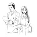 Sketch illustration of young doctors, man and woman.