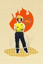 Sketch image collage of successful professional girl firewoman helping 24 7 day and night isolated on drawing background