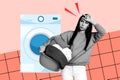 Sketch image composite artwork 3D collage of young tired lady mom housewife hold clothing in hand tidy washing machine