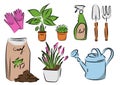 Sketch image of equipment for gardening, gloves, a flowers in a flowerpots, a sprayer, fertilizer, a shovel and a rake