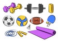 Sketch image of sports equipment, small and large dumbbells, balls for football, volleyball, rugby, table tennis rackets