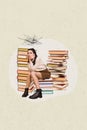 Sketch image trend artwork composite photo collage of young exhausted student upset lady headache sit at book stack