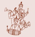 Sketch of Indian Traditional Wedding Baja Music Set or Music Instruments with Musicians Editable Outline Illustration