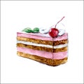 Piece of cake with cream and cherry. Watercolor illustration. Vector Royalty Free Stock Photo