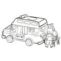 Sketch, the interior of an ambulance together with paramedics pick up a patient on a stretcher, coloring book, cartoon Royalty Free Stock Photo