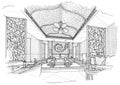 Sketch interior perspective bedroom, black and white interior design.