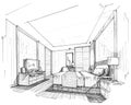 Sketch interior perspective bedroom, black and white interior design.