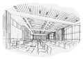 Sketch interior perspective classroom, black and white interior design.