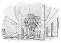 Sketch interior perspective lobby hall, black and white interior design.