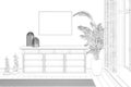 Sketch of an interior room with a horizontal poster above the pedestal next to a large plant, windows with shutters. Front view.