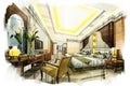 Sketch interior twing bedroom into a watercolor Royalty Free Stock Photo