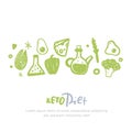 Sketch keto diet banner with lettering on white background. Healthy low carbs food. Ketogenic nutrition concept