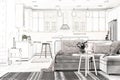 Sketch of kitchen and living room interior with stylish furniture. Illustration Royalty Free Stock Photo