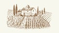 Sketch landscape with castle. Medieval farm, nature and vine plantation. Vintage vineyard, agricultural rustic vector