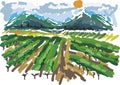 Sketch of landscape with vineyard, mountains on horizon, blue sky and sun Royalty Free Stock Photo